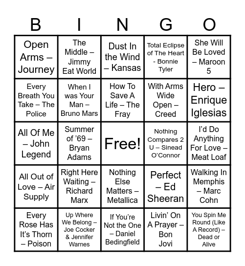 Power Ballads Bingo Card