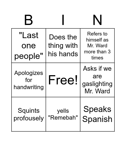 Mr. Ward Bingo Card