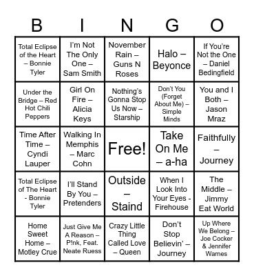 Power Ballads Bingo Card