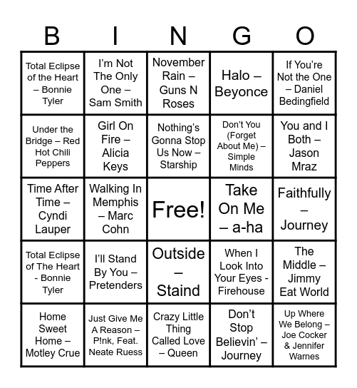Power Ballads Bingo Card
