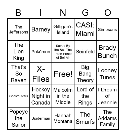 Theme Songs Bingo Card