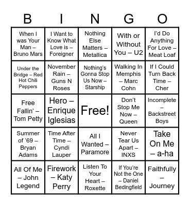 Power Ballads Bingo Card