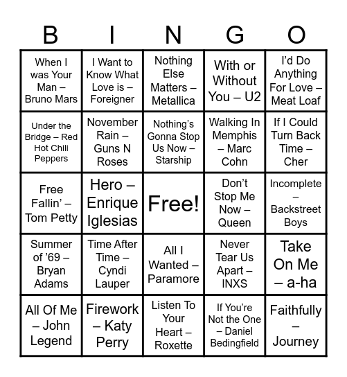Power Ballads Bingo Card