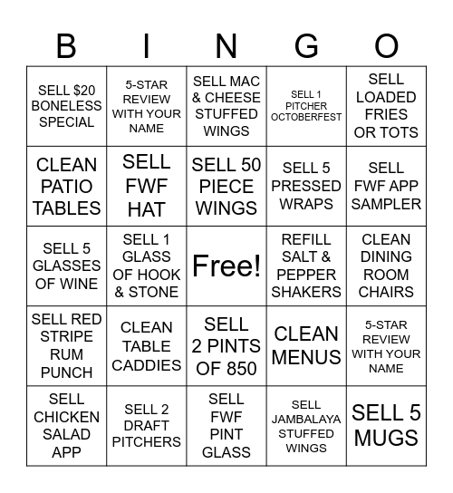 $20 FWF SERVER BINGO Card