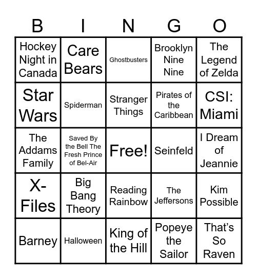 Theme Songs Bingo Card