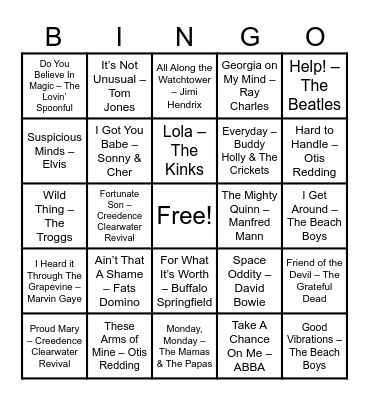 Golden Oldies Bingo Card