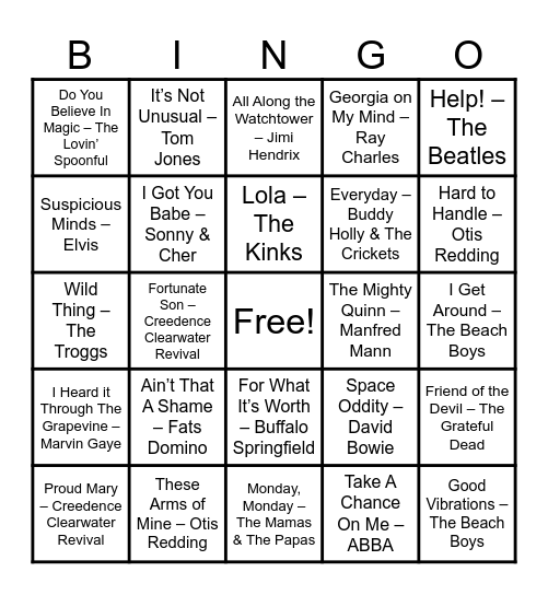 Golden Oldies Bingo Card