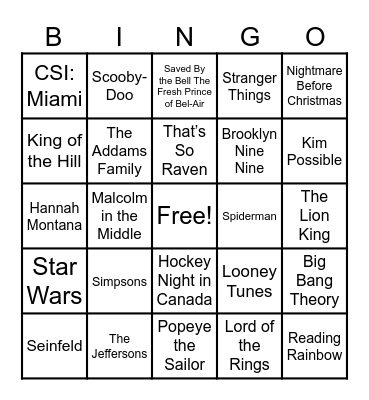 Theme Songs Bingo Card