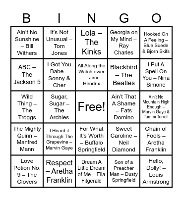 Golden Oldies Bingo Card