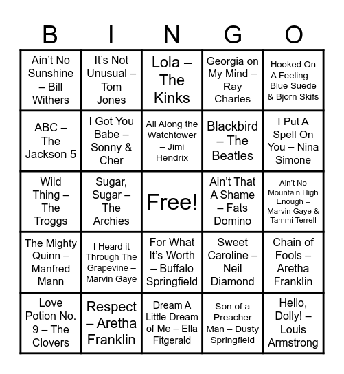 Golden Oldies Bingo Card