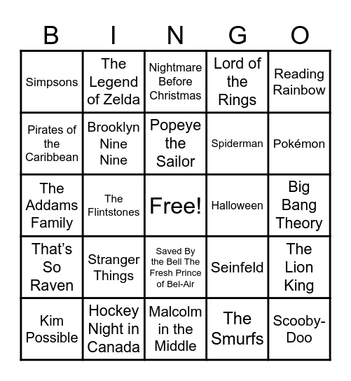 Theme Songs Bingo Card
