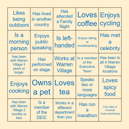 Warren Village Human Bingo! Bingo Card