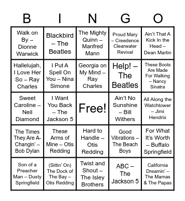 Golden Oldies Bingo Card