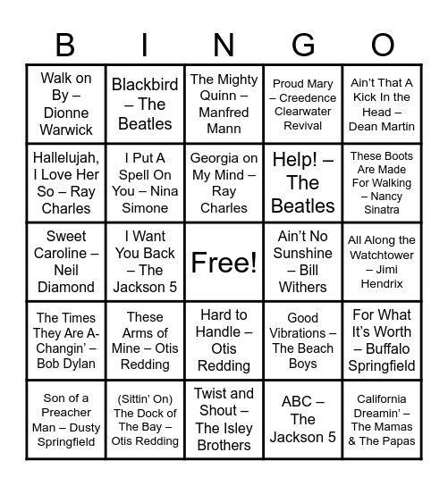 Golden Oldies Bingo Card