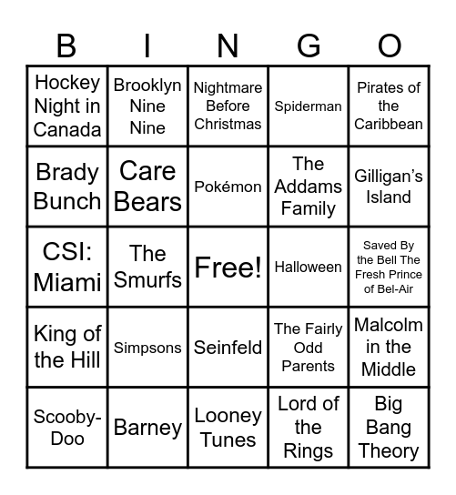 Theme Songs Bingo Card