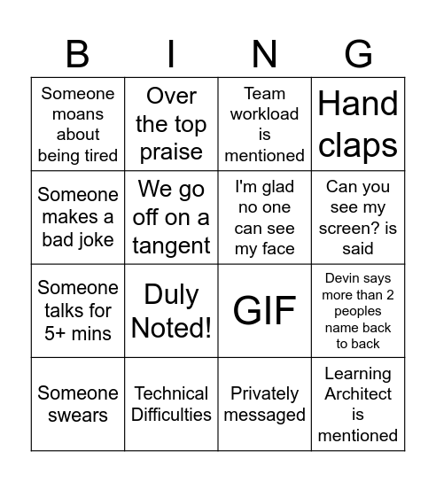 Team Meeting Bingo Card