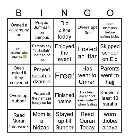 Islamic Bingo Card