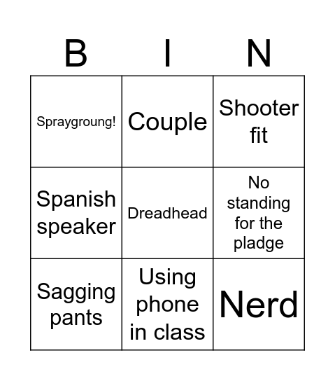 Highschool Bingo Card