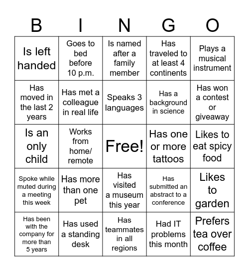 Get To Know You BINGO Card