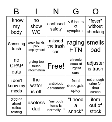 Urgent Care Bingo 9/12 Bingo Card