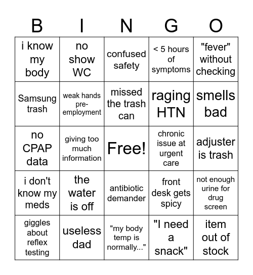 Urgent Care Bingo 9/12 Bingo Card