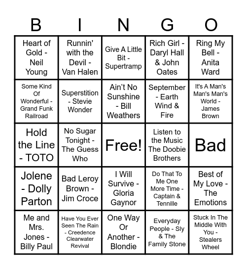 70's Hits! Bingo Card