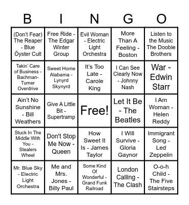 70's Hits! Bingo Card