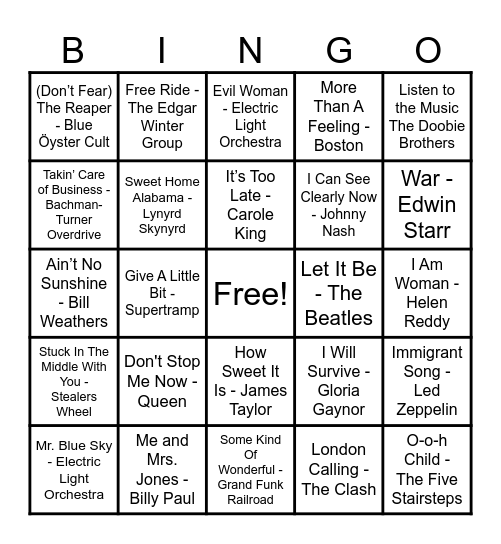 70's Hits! Bingo Card