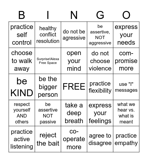 Anger Management Bingo Card