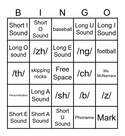 Phoneme Bingo Card