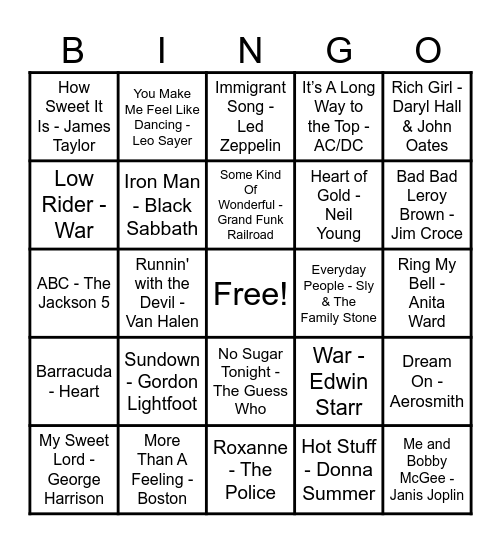 70's Hits! Bingo Card