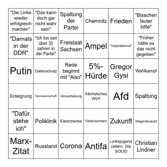 Das sächsische Landesparteitags Wörter-BINGO Card