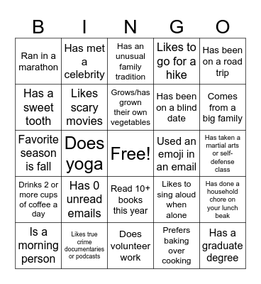 Get To Know You BINGO Card