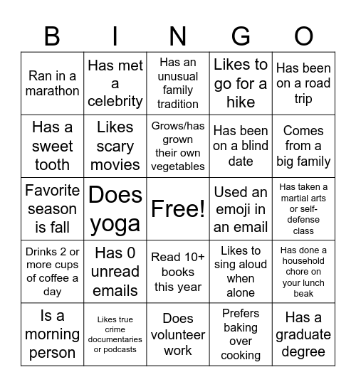 Get To Know You BINGO Card