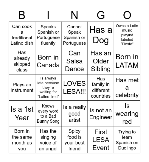 LESA Kickoff BINGO Card