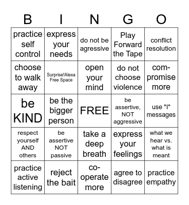 Anger Management Bingo Card