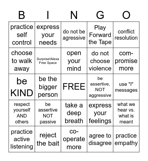 Anger Management Bingo Card