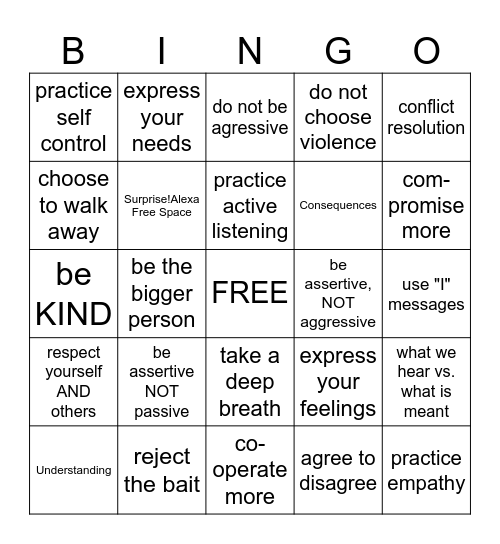 Anger Management Bingo Card