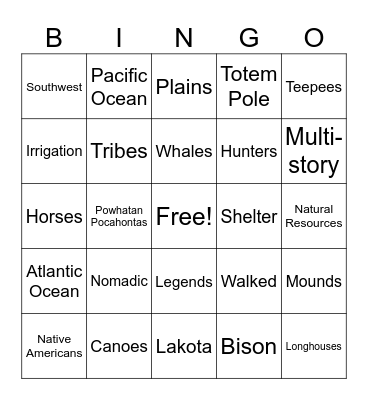 Native American Bingo Card