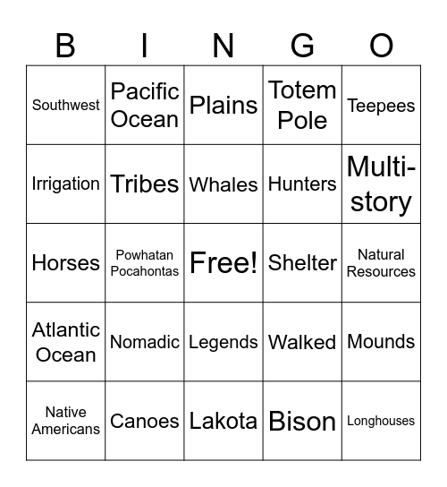 Native American Bingo Card