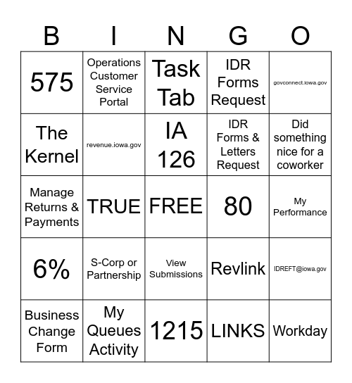 TPS Bingo Card