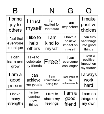 Self Concept Bingo Card