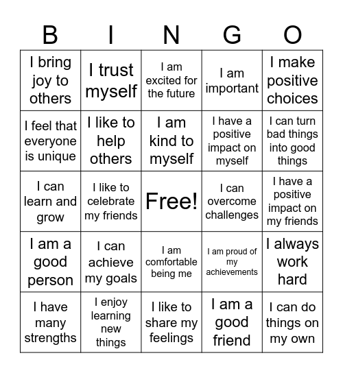 Self Concept Bingo Card