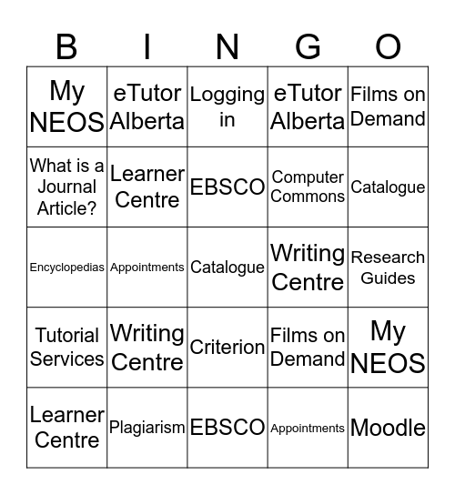 Library Services Bingo Card
