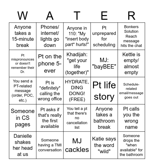 DRINK WATER!!!! Bingo Card