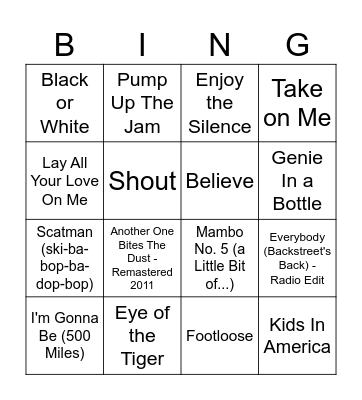 Ollerup 80's and 90's musik Bingo Card