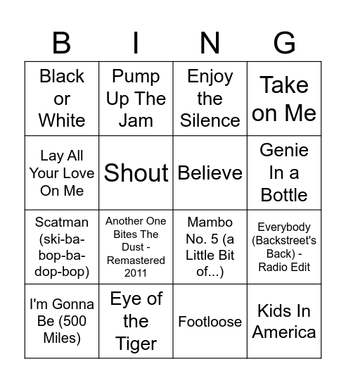 Ollerup 80's and 90's musik Bingo Card