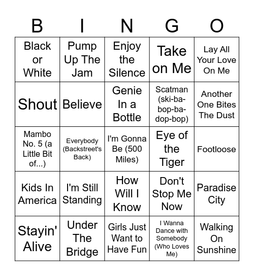 Ollerup 80's and 90's musik Bingo Card