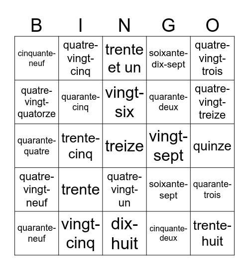 Les nombres de 0 à 100 Bingo Card