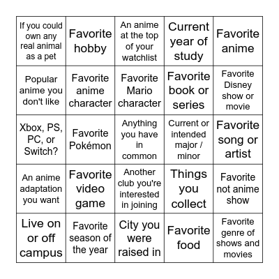 Anime Club Icebreaker 2024 Bingo Card